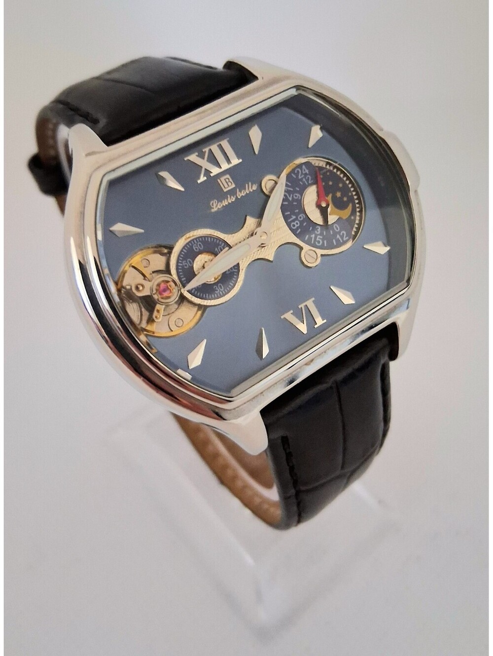 SUPER RARE Louis Bolle Pioneer II Men's Automatic Skeleton 44mm Moon Phase Watch